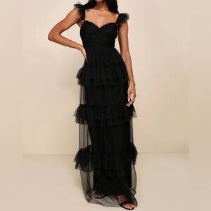 Lulus | Pure Radiance Black Mesh Swiss Dot Tiered Maxi Dress